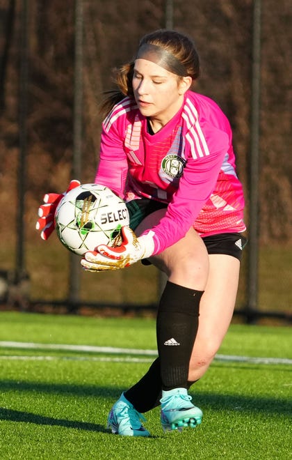 West Allis Hale keeper Bella Royse (1) makes a save during the match against Ozaukee/Random Lake co-op at West Allis Athletic Complex, Thursday, March 28, 2024.