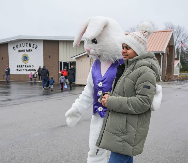 Kundana Nalla, 10, of Brookfield, poses for a photo with the Easter Bunny prior to the annual Okauchee Lions Easter Egg Hunt at Lions Park on Saturday, March 30, 2024. The free family event is hosted by the Okauchee Lions Club.