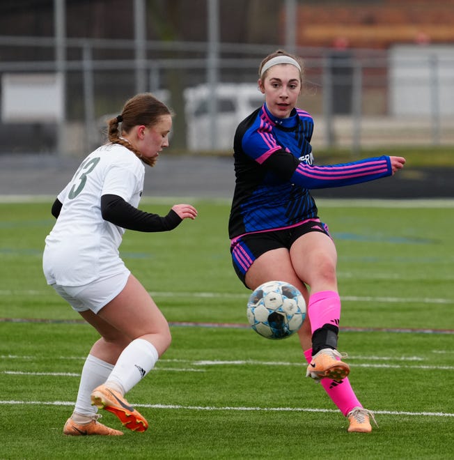 Waukesha West's Brynna Panlener (17) sends the ball downfield during the match at home against Kettle Moraine Lutheran on Saturday, March 30, 2024.