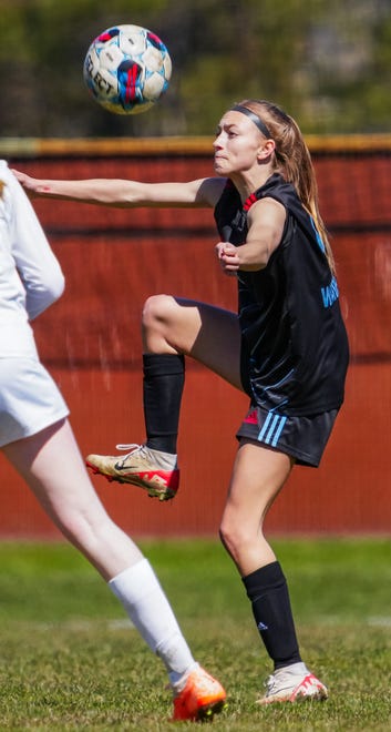 Arrowhead's Ellie Pierson (4) traps the ball during the match at home against Whitnall on Saturday, April 6, 2024.