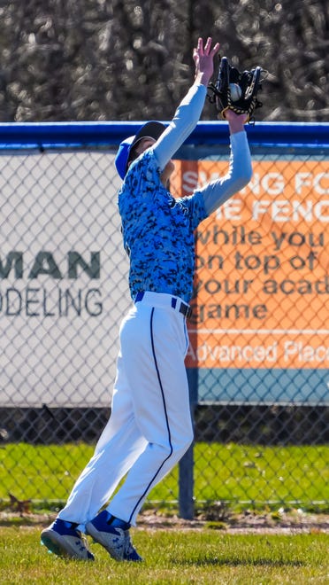 Brookfield Central right fielder Sam Guy (12) pulls in a fly during the game at home against Sussex Hamilton on Saturday, April 6, 2024.