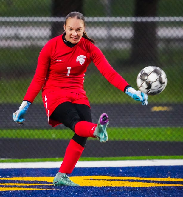 Brookfield East keeper Sam Schroeder (1) sends the ball downfield during the match at Kettle Moraine, Thursday, April 18, 2024.