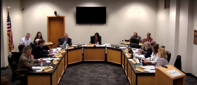 The Waukesha School Board is shown here in a screenshot of a video of its Sept. 15 meeting. Board members heard from district residents and parents who were concerned about a letter Waukesha School District superintendent James Sebert and Waukesha School District deputy superintendent Joe Koch sent to staff in August saying they couldn't display Black Lives Matter, Blue Lives Matter, Thin Blue Line, Anti-racist classroom and other related materials in their classrooms.