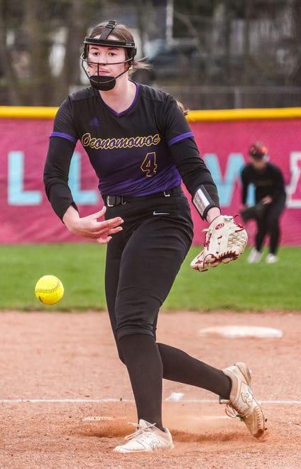 Oconomowoc's Kelsey Yambor (4) delivers a pitch during the game at Arrowhead, Tuesday, April 16, 2024.