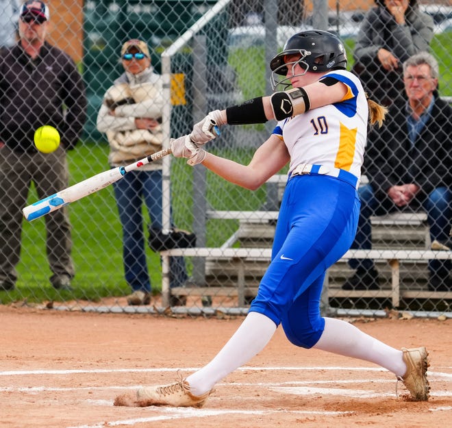 Germantown's Maddy Balsiger (10) singles to left field during the game at home against Brookfield East, Tuesday, April 23, 2024.
