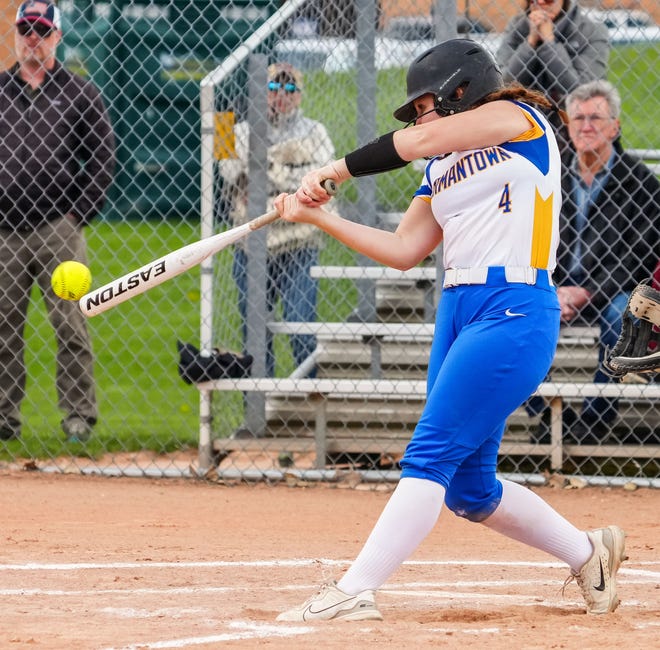 Germantown's Kennedy Bennett (4) connects for an RBI single to left field during the game at home against Brookfield East, Tuesday, April 23, 2024.