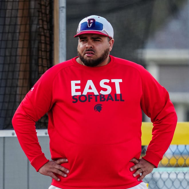 Brookfield East head coach Andrew Flegel follows the action during the game at Germantown, Tuesday, April 23, 2024. Germantown won 4-2.