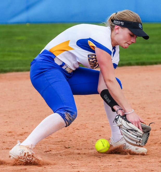Germantown shortstop Kayla Preiss (6) misses a ground ball during the game at home against Brookfield East, Tuesday, April 23, 2024.