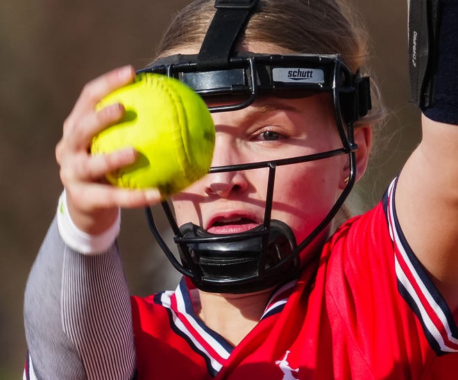 Brookfield East pitcher Layla Diehl (20) winds up during the game at Germantown, Tuesday, April 23, 2024.