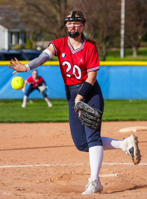Brookfield East's Layla Diehl (20) delivers a pitch during the game at Germantown, Tuesday, April 23, 2024.